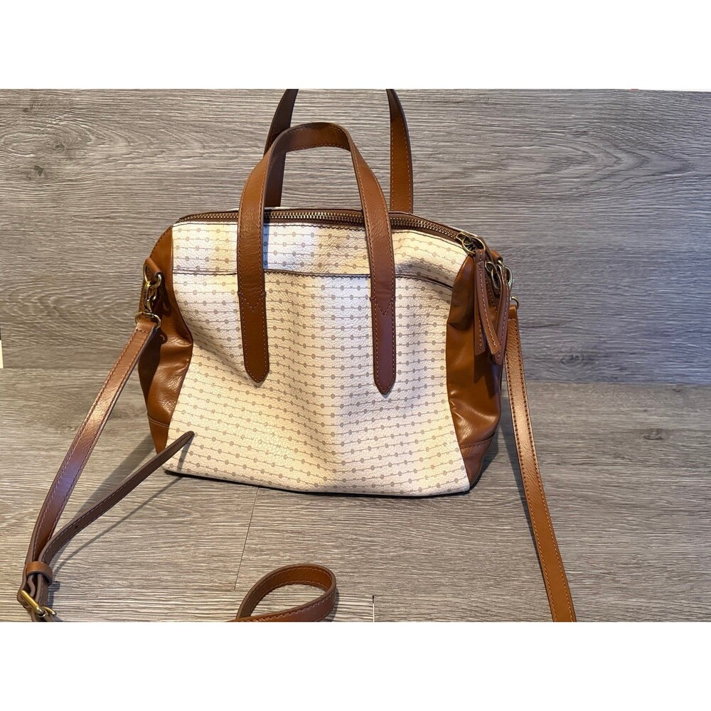 Fossil Hailey satchel in brown and white with a gray dot pattern purse